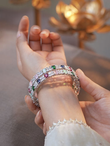 Rubans Set of 2 Rhodium-Plated Multicolor AD & Cubic Zirconia Studded Floral Bangles