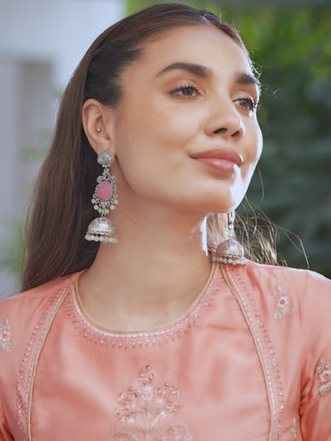 Festive Pastel Bloom Oxidised Jhumka Earrings