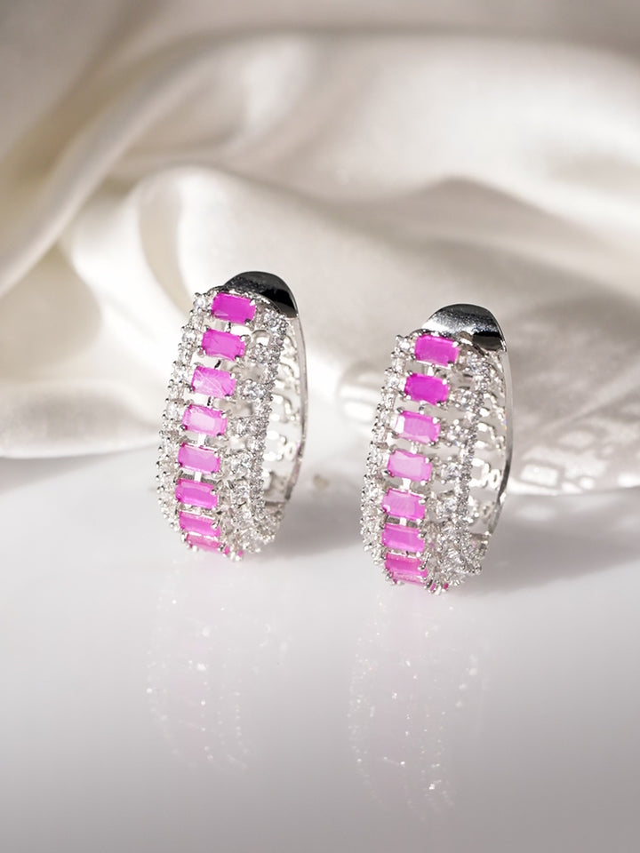 Rubans Rhodium plated Pink Sapphire Baguette Crystal Zirconia Statement Demi-Fine Hoop Earrings