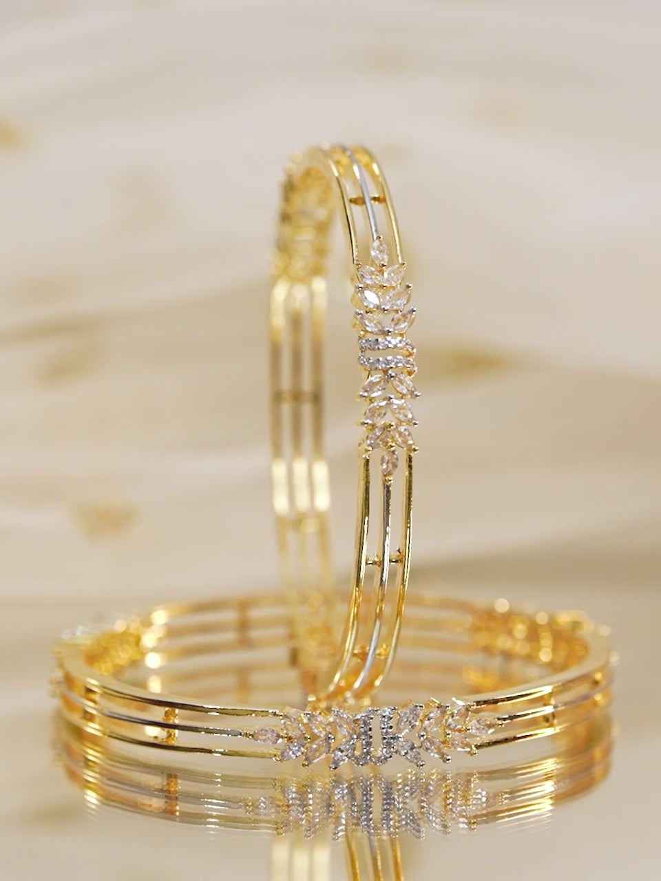 Rubans Set of 2, 22K Gold-Plated Cubic Zirconia Studded Leaf Design Bangles