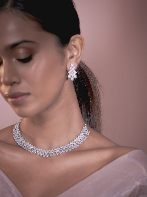 Rubans Rhodium-Plated White Cubic Zirconia Studded Statement Necklace Set