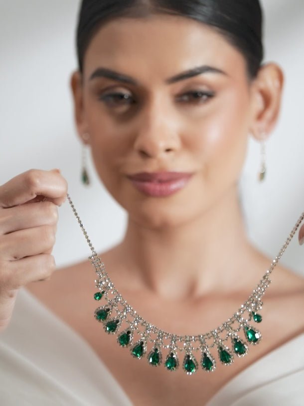 Green Teardrop American Diamond Zirconia Necklace Set