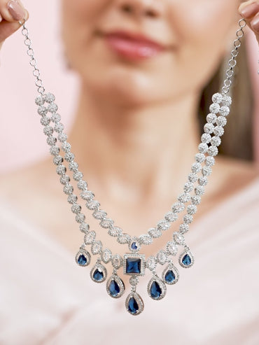 Blue American Diamond Zirconia Two-Layered Necklace Set