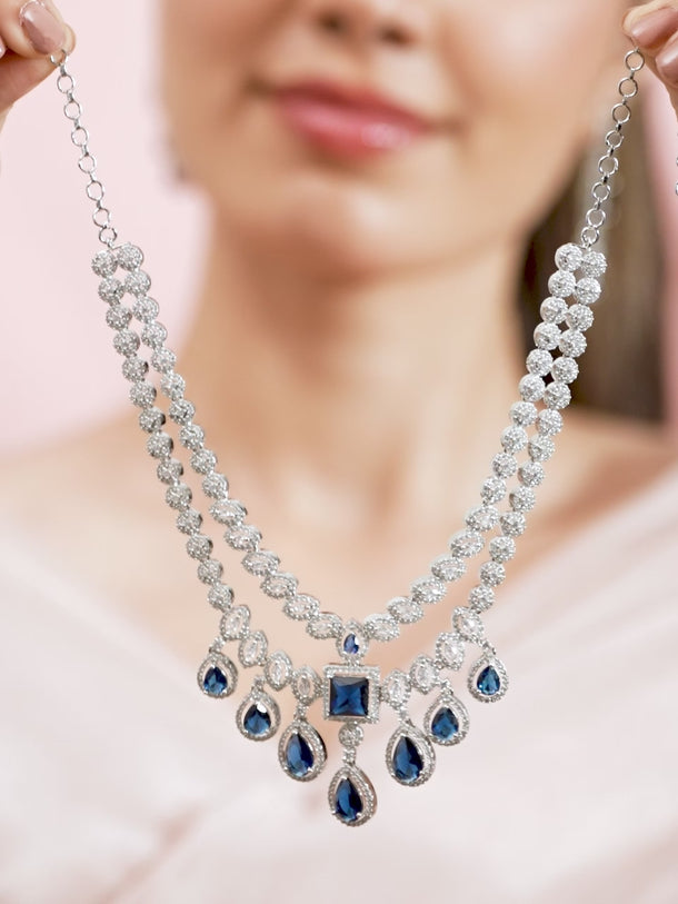 Blue American Diamond Zirconia Two-Layered Necklace Set
