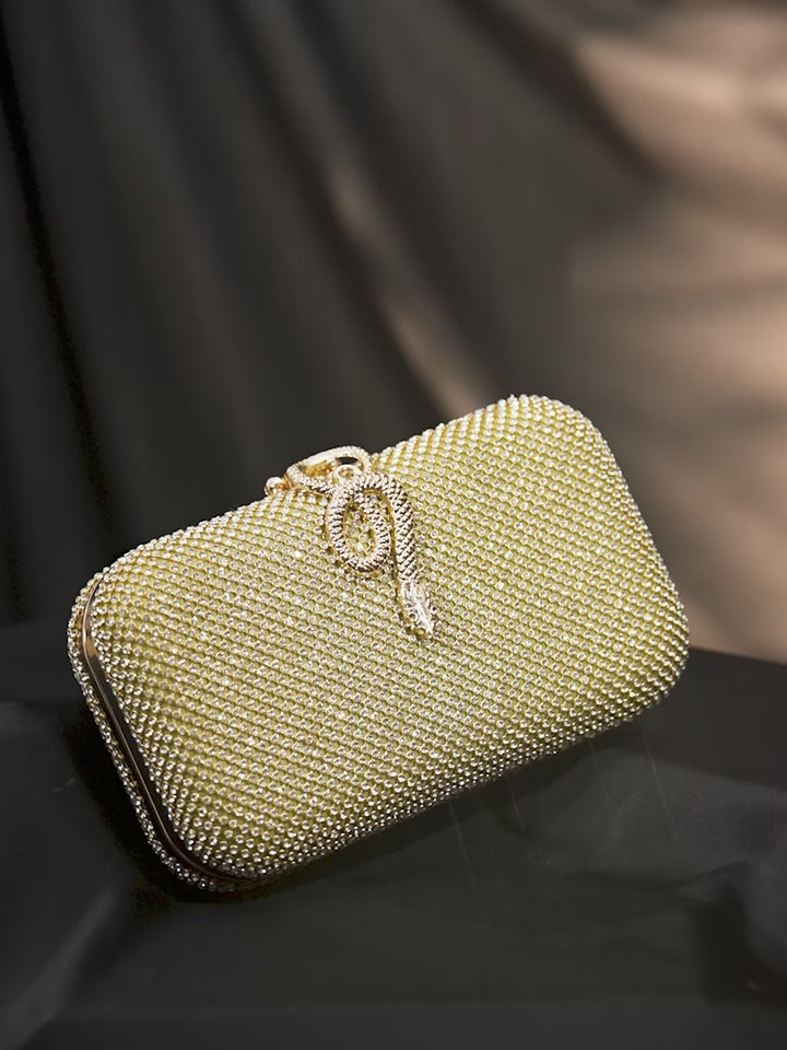 Rubans Gold With Dazzling Crystal Zirconia Embellished Serpent motif Clutch handbag