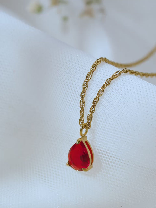 Demifine 18K Gold Plated Stainless steel Teardrop Ruby Charm Pendant Chain