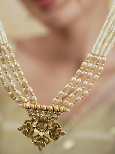 Rubans Gold Plated Handcrafted Kundan & white Beads Necklace Set