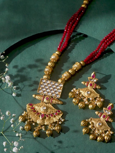 Rubans 22K Gold-Plated Kundan Jewellery Set with Ruby Red Beaded Multistrand & Golden Bead