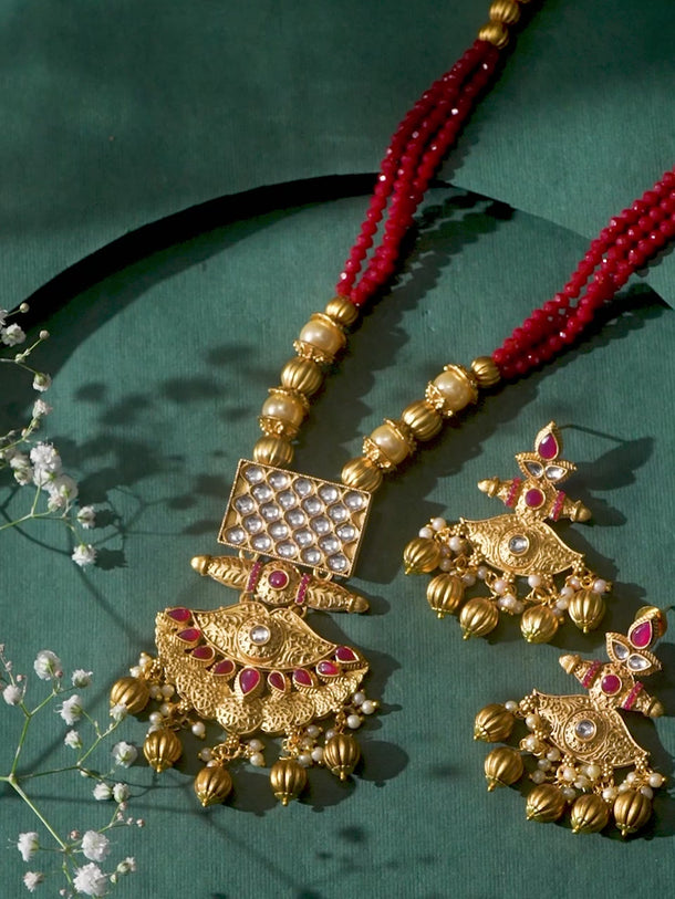 Rubans 22K Gold-Plated Kundan Jewellery Set with Ruby Red Beaded Multistrand & Golden Bead