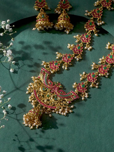 Rubans 22K Gold-Plated Long Jewellery Set with Ruby Red & Emerald Green and Pearl Beads