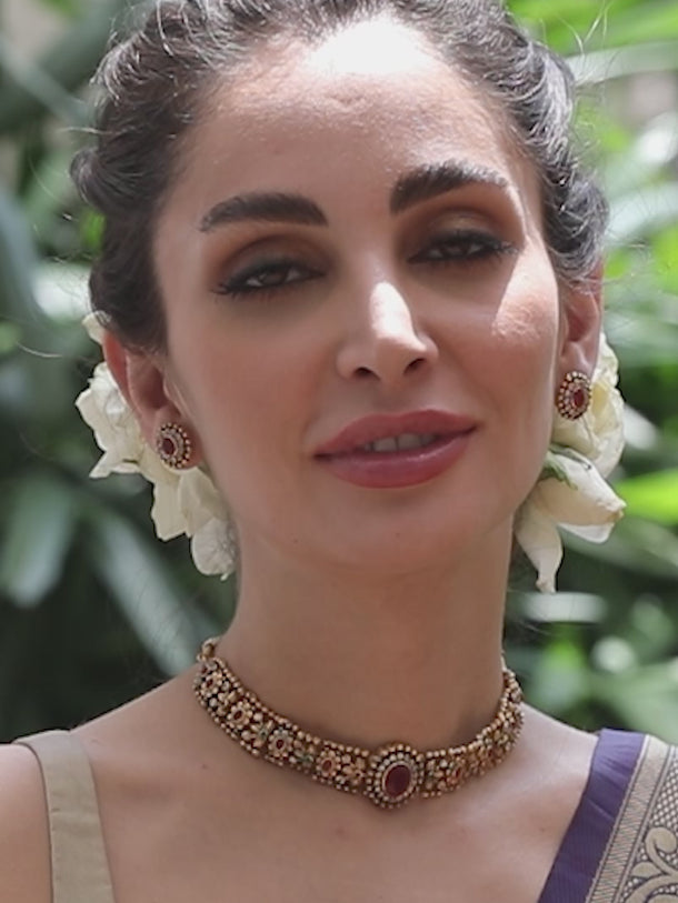 Rubans 24K Gold Plated Ruby, Emerald & White Cubic Zirconia Stone Studded Handcrafted Floral Choker Jewelry Set