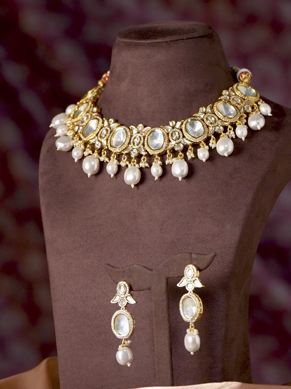 Rubans Gold Plated Polki Necklace Set with Pearl