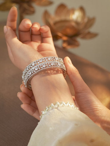 Rubans Set of 2 Rhodium-Plated Cubic Zirconia Studded Floral Premium Bangles