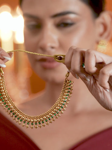 Green Studded Golden Beads Necklace Set