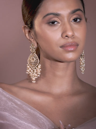 Rubans 18K Gold-Plated Kundan & Glossy Cream Pearl Beaded Handcrafted Long Chandelier Earrings