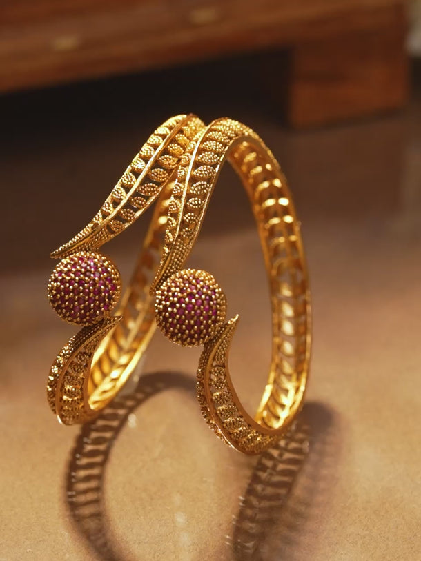 Rubans Set of 2 18K Gold Plated Ruby Studded Geru Polish Finish Traditional Bangles