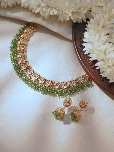 Green Beaded Laxmi Motif Necklace Set