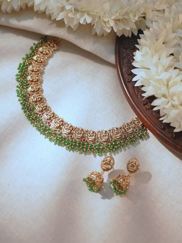 Green Beaded Laxmi Motif Necklace Set