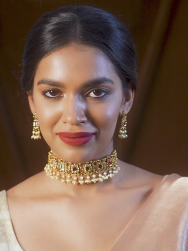 Rubans Gold Plated Choker Set With Multicolour Stones And White Beads.