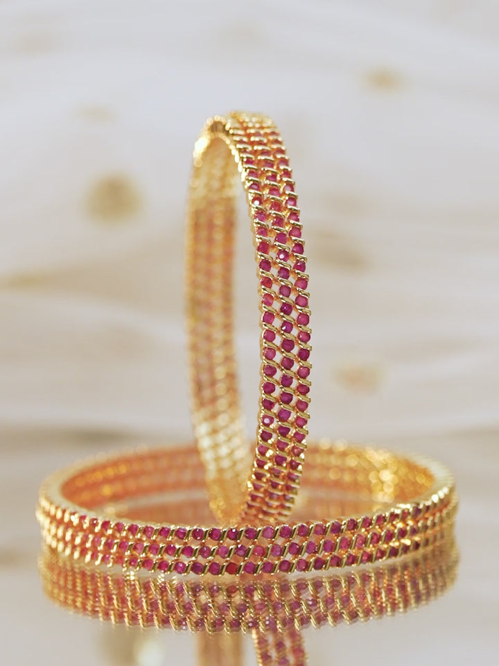 Rubans Set of 6, 22K Gold-Plated Ruby Pink Stone Studded Handcrafted Bangles