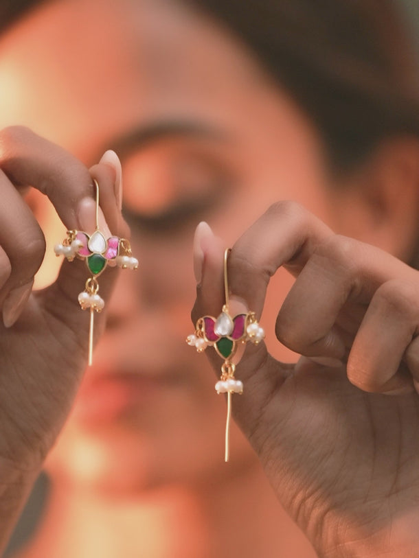 Gleaming White Pink Kundan Ear Cuffs