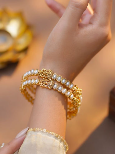 Rubans Set of 2 Gold Plated Pearl Studded Laxmi motif Bangles
