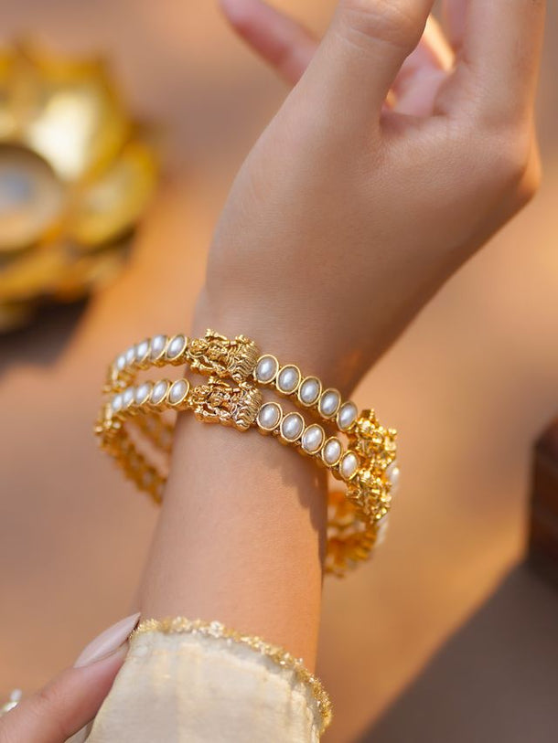 Rubans Set of 2 Gold Plated Pearl Studded Laxmi motif Bangles