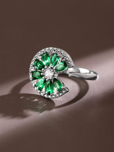 Radiant Emerald Green White Flower Halo Ring Rings