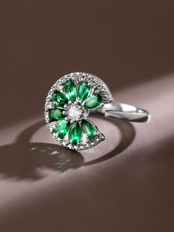 Radiant Emerald Green White Flower Halo Ring Rings