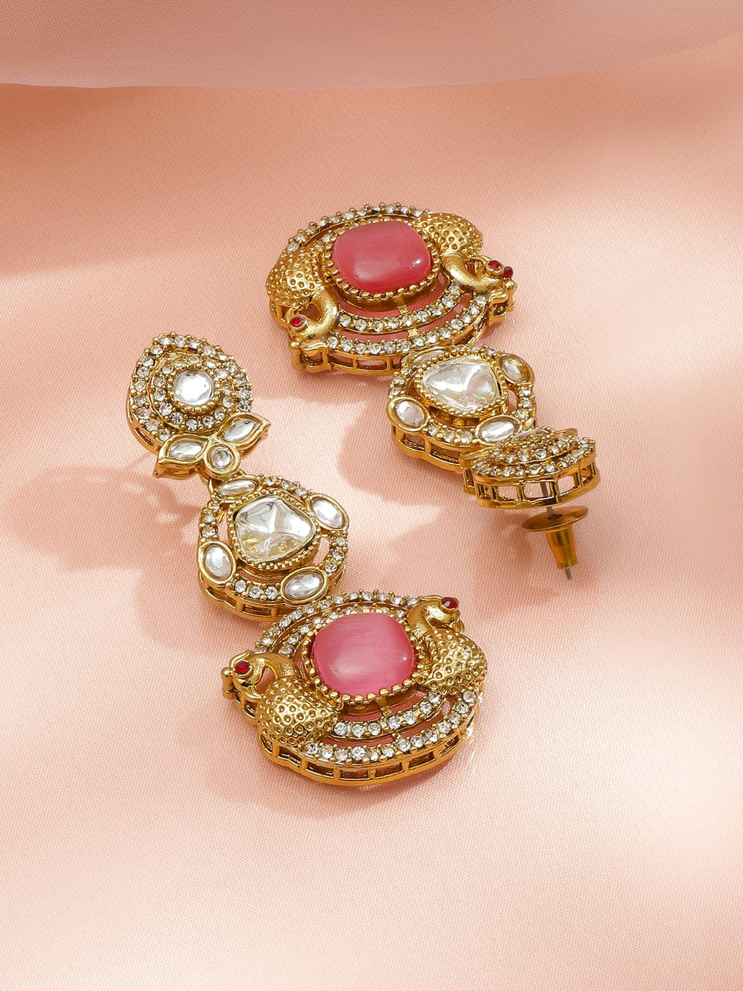 Radiant Pink White Kundan Danglers Earrings
