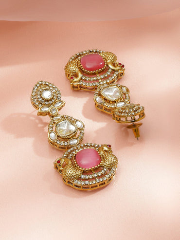 Radiant Pink White Kundan Danglers Earrings