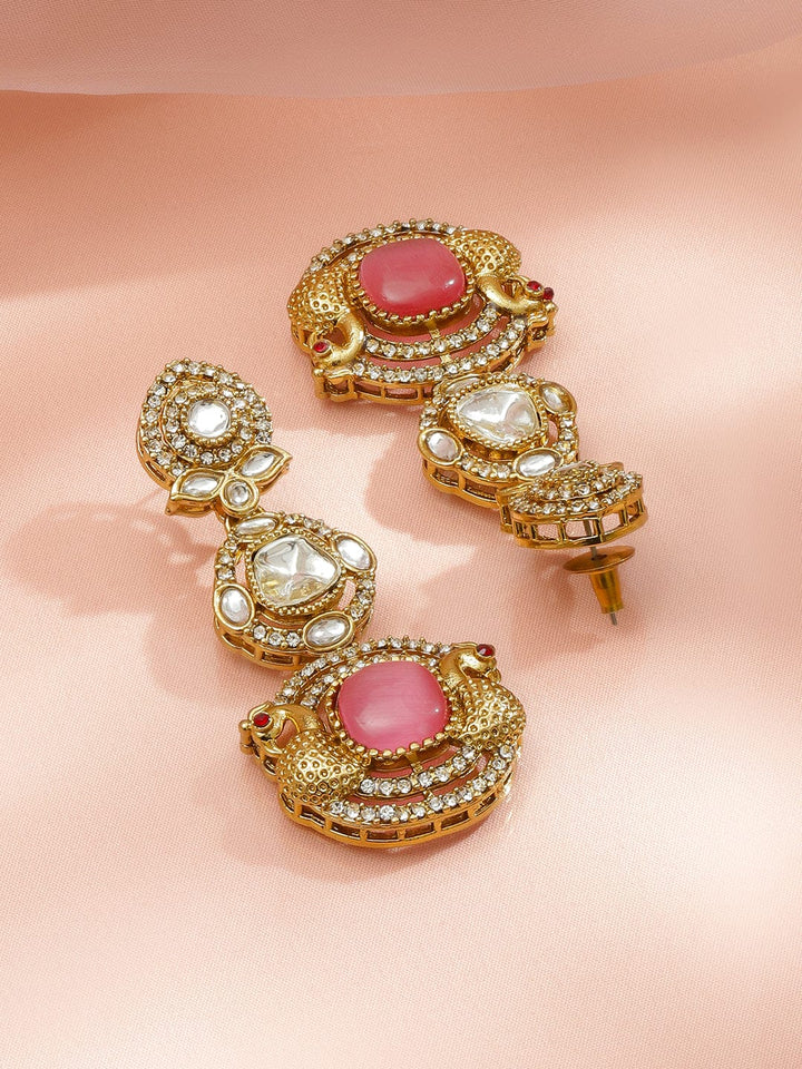 Radiant Pink White Kundan Danglers Earrings