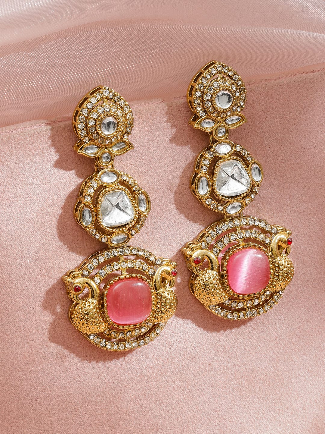 Radiant Pink White Kundan Danglers Earrings