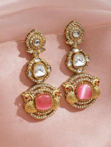 Radiant Pink White Kundan Danglers Earrings