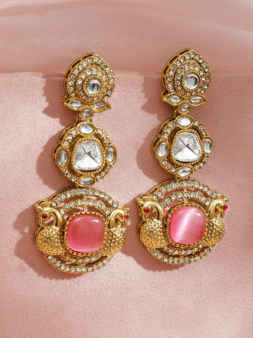 Radiant Pink White Kundan Danglers Earrings