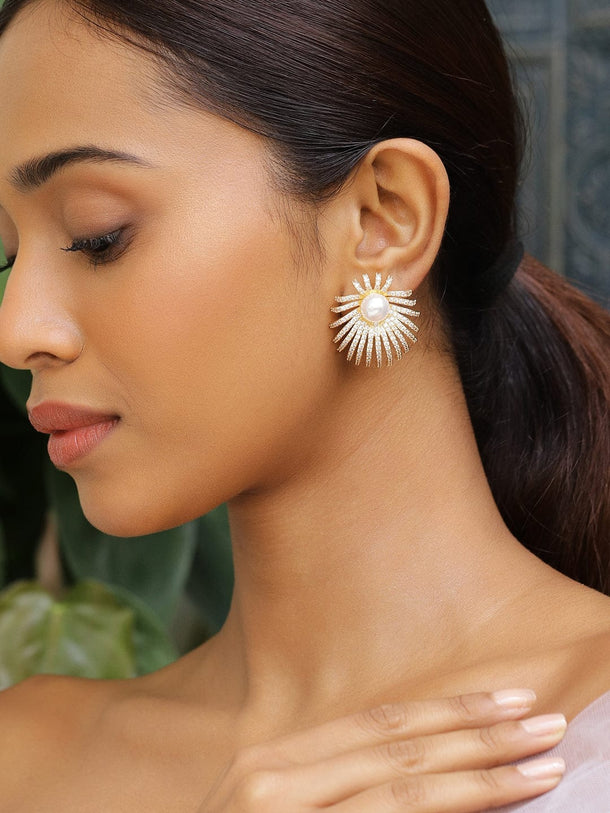 Radiant Starburst American Diamond Zirconia Pearl Studs Earrings