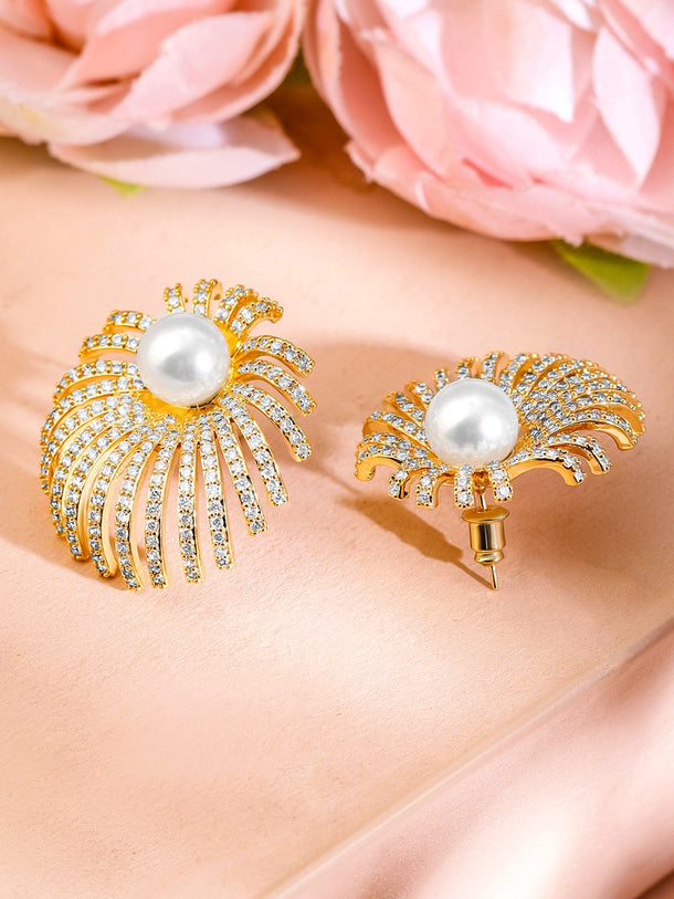 Radiant Starburst American Diamond Zirconia Pearl Studs Earrings