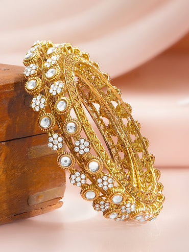 Gold Plated Kundan Floral Cluster Bangles Set of 2