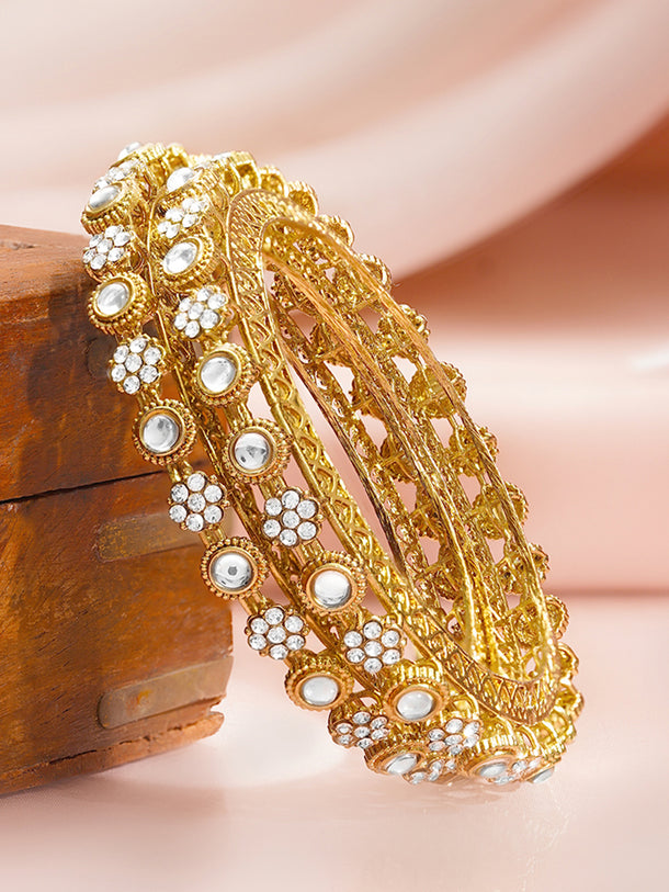 Gold Plated Kundan Floral Cluster Bangles Set of 2