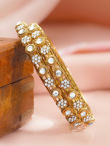Gold Plated Kundan Floral Cluster Bangles Set of 2