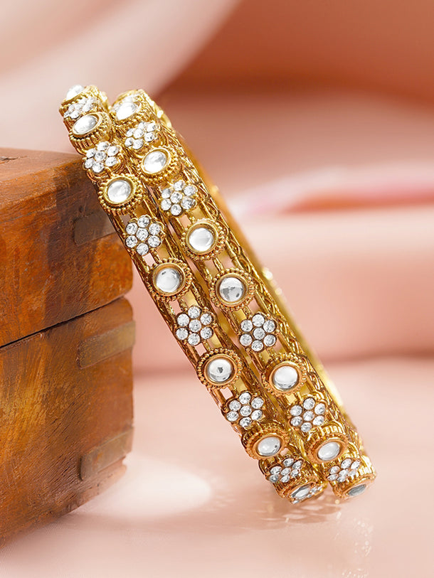 Gold Plated Kundan Floral Cluster Bangles Set of 2