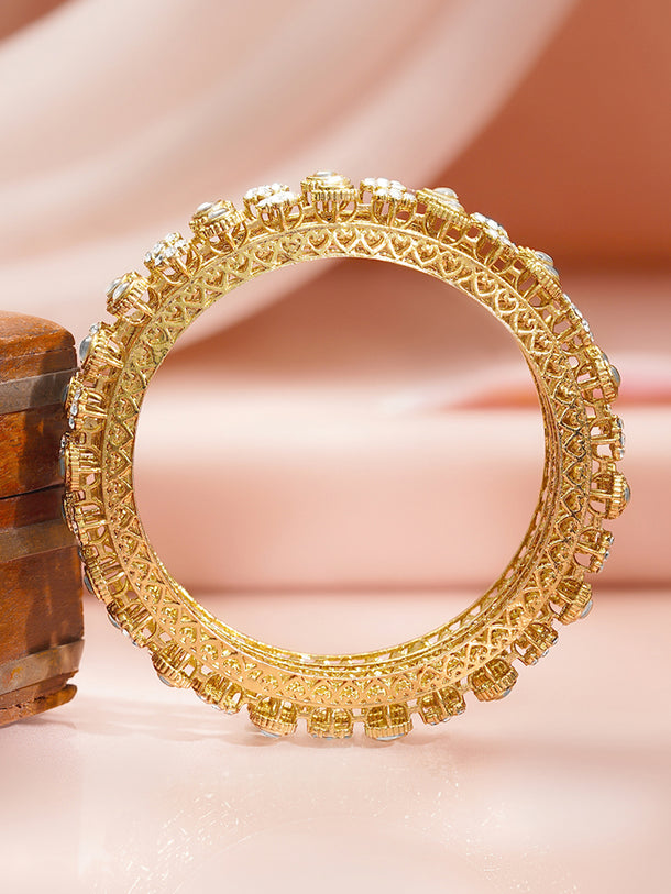 Gold Plated Kundan Floral Cluster Bangles Set of 2