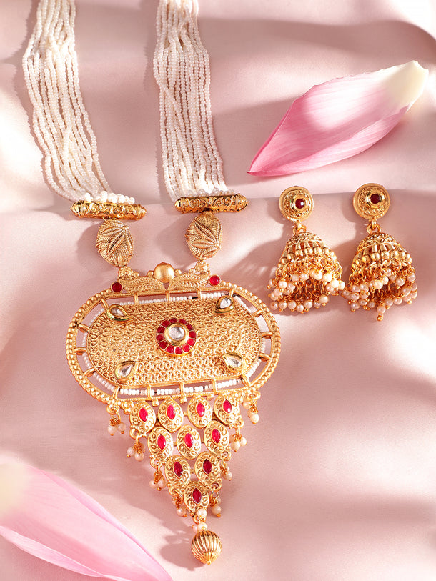 Rubans Gold Plated Hand Crafted Pearl Embellished Statement Necklace Set