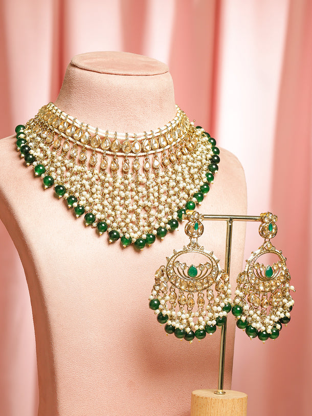 Pearl Embellished Green Beaded Kundan Choker Set