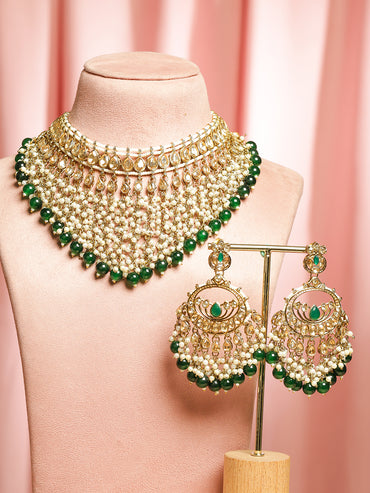 Pearl Embellished Green Beaded Kundan Choker Set