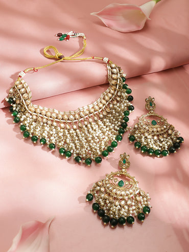 Pearl Embellished Green Beaded Kundan Choker Set