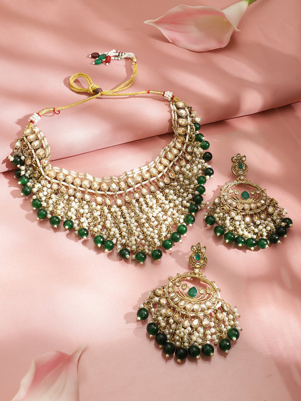 Pearl Embellished Green Beaded Kundan Choker Set