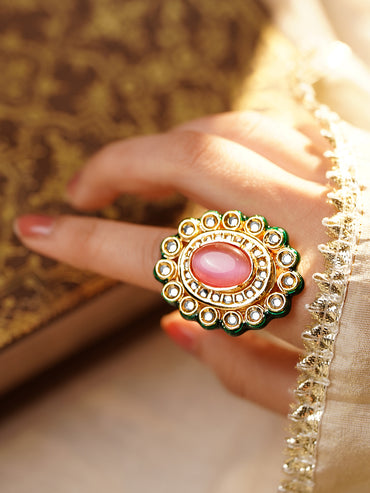Pink Kundan Bloom Adjustable Ring