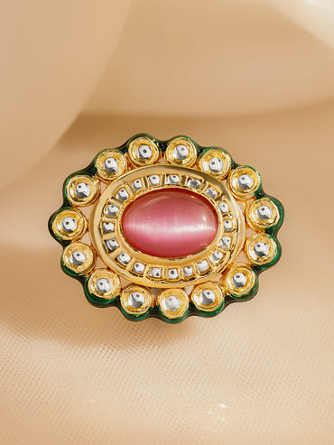 Pink Kundan Bloom Adjustable Ring