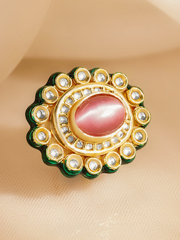 Pink Kundan Bloom Adjustable Ring